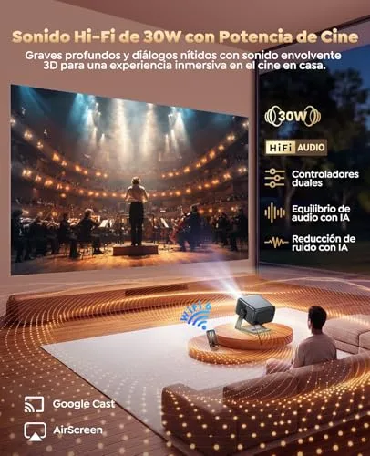 PUTRIMS ▫️ Projetor 4K 【Google TV/Altifalante de 30 W/Rotativo a 360°】 Projetor portátil de 1200 ANSI com aplicação oficial, assistente de voz, focagem automática/correção de distorção, HDR10, 1080p FHD, Wi-Fi e Bluetooth – Projetor inteligente para cinema em casa/ao ar livre 5