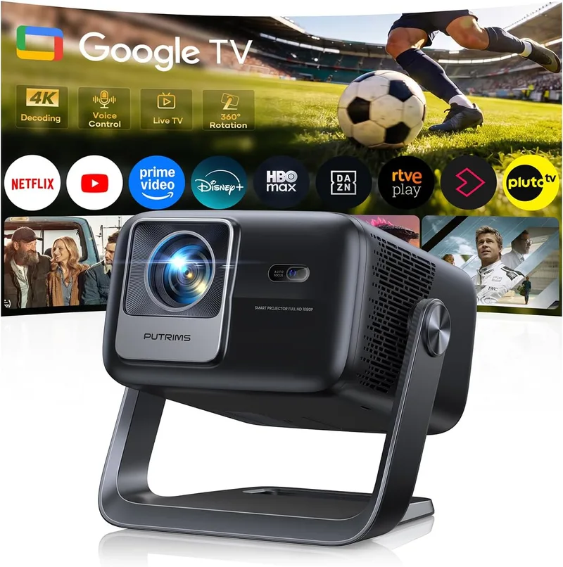 PUTRIMS ▫️ Projetor 4K 【Google TV/Altifalante de 30 W/Rotativo a 360°】 Projetor portátil de 1200 ANSI com aplicação oficial, assistente de voz, focagem automática/correção de distorção, HDR10, 1080p FHD, Wi-Fi e Bluetooth – Projetor inteligente para cinema em casa/ao ar livre