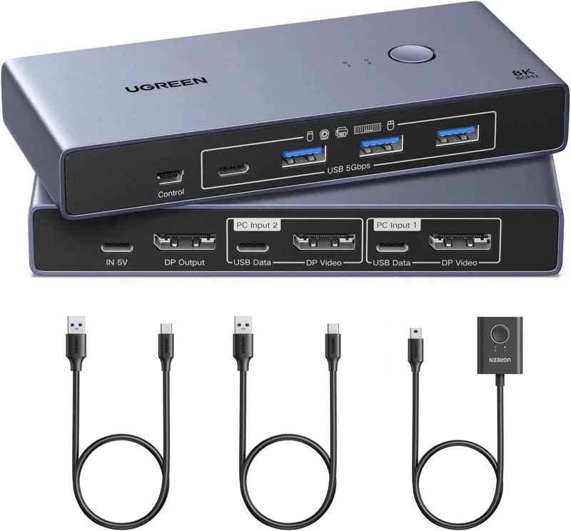 UGREEN ▫️ Switch KVM DisplayPort 8K 60 Hz, 2 entradas e 1 saída | Comutador DP 1.4 4K 240 Hz, 4 portas USB (3A1C) a 5 Gbps para teclado, rato, disco rígido e impressora, com controlador