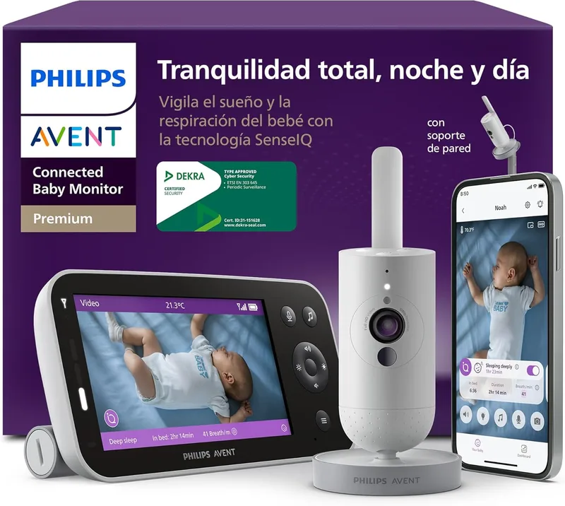 AVENT ▫️ PHILIPS Monitor de Bebés Premium com Aplicação - Câmara HD de 1080 píxeis, monitorização do sono e da respiração com IA, identificação do choro, certificado DEKRA, montagem na parede, SCD974/26