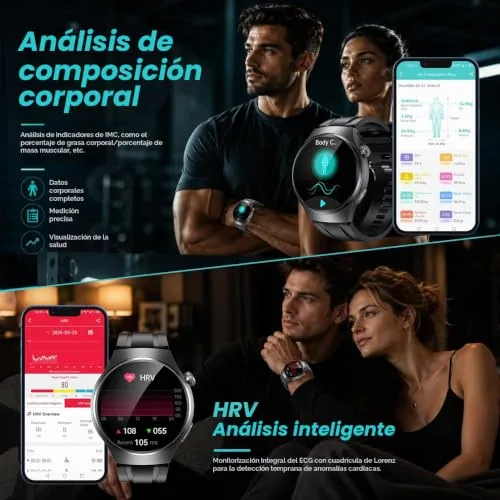 idomars ▫️ Relógio Inteligente para Homem com ECG+HRV: Relógio Inteligente AMOLED de 1,43'' com Bluetooth, Chamadas 24 horas, Pulsómetro, Temperatura, Monitorização da Pressão Arterial Corporal, Monitorização do Sono e Relógio Desportivo para iOS e Android 3