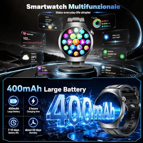 idomars ▫️ Relógio Inteligente para Homem com ECG+HRV: Relógio Inteligente AMOLED de 1,43'' com Bluetooth, Chamadas 24 horas, Pulsómetro, Temperatura, Monitorização da Pressão Arterial Corporal, Monitorização do Sono e Relógio Desportivo para iOS e Android 7