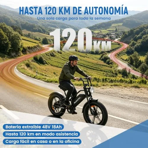 Mukkpet ▫️ Racer Ebike, Bicicleta Elétrica 48 V, 18 Ah, 864 Wh, Autonomia de 120 km, para Adultos, Velocidade Legal de 25 km/h, Todo-o-terreno, Suspensão Dupla, 7 Velocidades, Pneus Fat 20” x 4,0 2