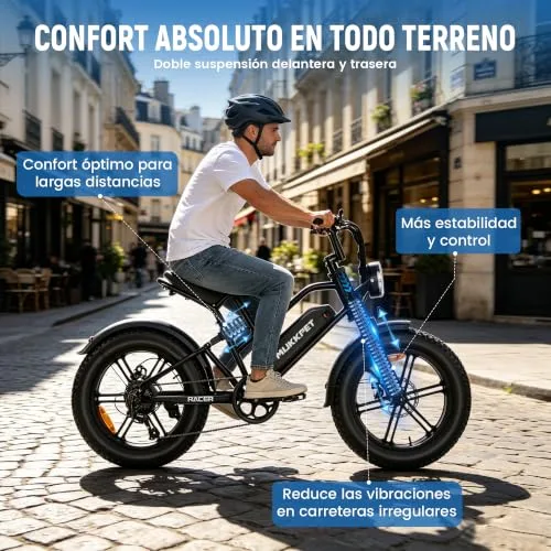 Mukkpet ▫️ Racer Ebike, Bicicleta Elétrica 48 V, 18 Ah, 864 Wh, Autonomia de 120 km, para Adultos, Velocidade Legal de 25 km/h, Todo-o-terreno, Suspensão Dupla, 7 Velocidades, Pneus Fat 20” x 4,0 3