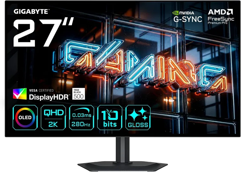 Gigabyte Technology ▫️ Monitor de jogos GIGABYTE MO27Q28GR WOLED Brilhante de 27” QHD - 2560 x 1440, 280 Hz, 0,03 ms, 335 cd/m², Display HDR True Black 500, HDMI 2.1, DisplayPort 1.4