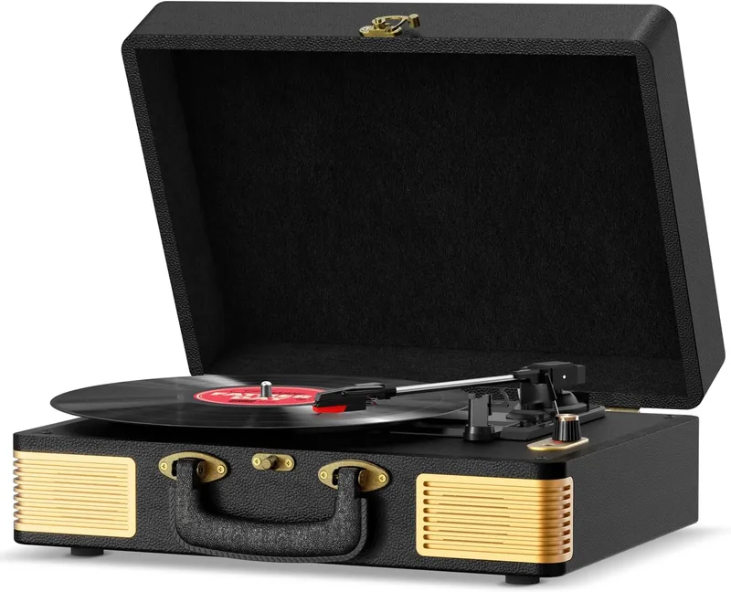 FYDEE ▫️ Gira-discos, leitor de vinil vintage com colunas (2x3W), Bluetooth 5.4 (RX), 3 velocidades (33/45/78 RPM), paragem automática, RCA/auscultadores, presente portátil, preto