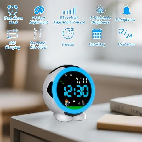 GUUMUXIN ▫️ Despertador digital infantil com luz noturna, alarme duplo, 6 tons, 9 níveis de volume, 3 níveis de luminosidade, repetição, data, recarregável por USB, para meninos e meninas 2