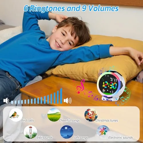 GUUMUXIN ▫️ Despertador digital infantil com luz noturna, alarme duplo, 6 tons, 9 níveis de volume, 3 níveis de luminosidade, repetição, data, recarregável por USB, para meninos e meninas 5