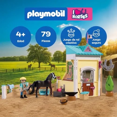 PLAYMOBIL ▫️ I Love Horses | Pequeno estábulo com ferrador | Box para cavalos com forja luminosa, ferramentas e acessórios para cuidados com os cavalos | para crianças a partir dos 4 anos | 72131 3