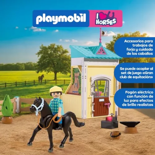 PLAYMOBIL ▫️ I Love Horses | Pequeno estábulo com ferrador | Box para cavalos com forja luminosa, ferramentas e acessórios para cuidados com os cavalos | para crianças a partir dos 4 anos | 72131 4