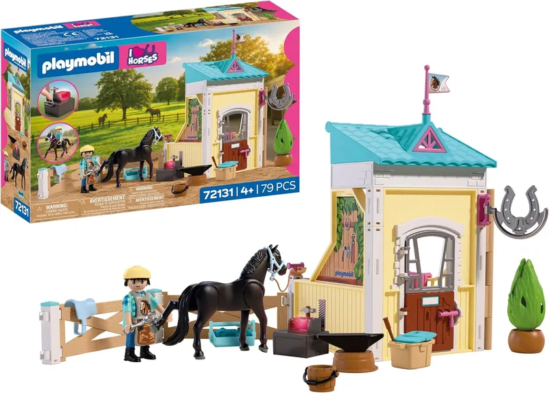 PLAYMOBIL ▫️ I Love Horses | Pequeno estábulo com ferrador | Box para cavalos com forja luminosa, ferramentas e acessórios para cuidados com os cavalos | para crianças a partir dos 4 anos | 72131
