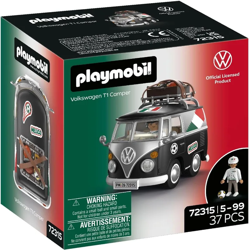 PLAYMOBIL ▫️ Volkswagen | Volkswagen T1 Camper Edição Mex | Camper retro com equipamento desportivo, porta-bagagens e folha de autocolantes | para crianças a partir dos 4 anos | 72315