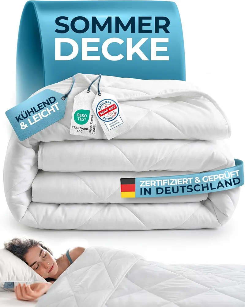 Glückstoff ▫️ ® Edredão de verão 220 x 240 cm [certificado na Alemanha] – Edredão de verão com enchimento 100% Öko-Tex – Edredão de verão leve – Manta fina e refrescante – Manta de verão – Manta leve