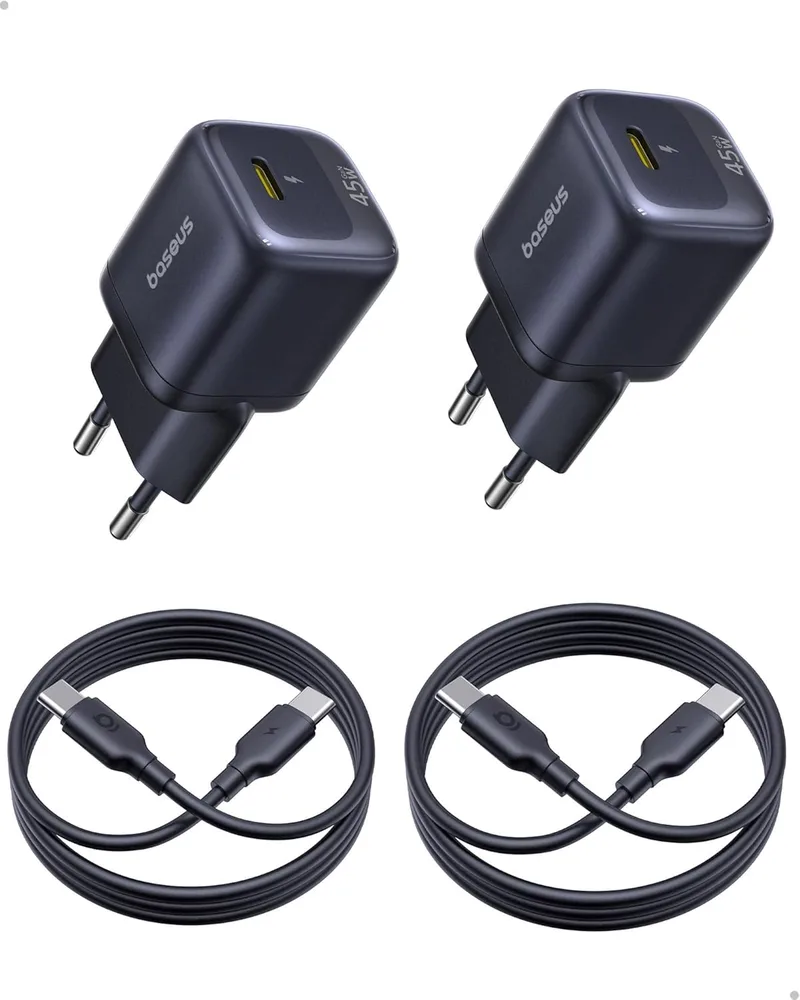 Baseus ▫️ Carregador USB-C de 45 W, Conjunto de 2 carregadores rápidos GaN, Adaptador de corrente PPS PD para iPhone 17/16/15 Pro Max, Samsung Galaxy S25 Ultra/S24, iPad, MacBook, Pixel (inclui cabo USB-C de 1 m)