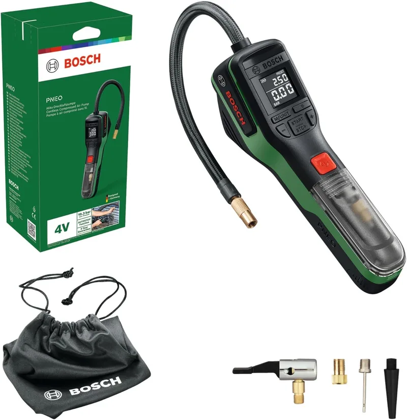 Bosch ▫️ PNEO Bomba pneumática a bateria (inclui conjunto de adaptadores de pressão, bateria de 4 V e bolsa de tecido)