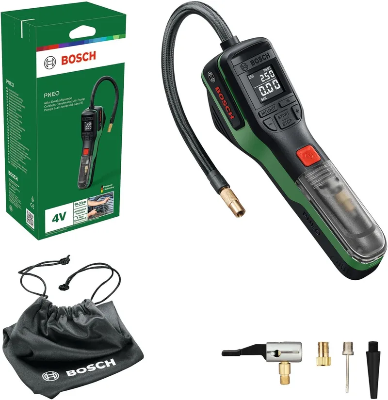 Bosch ▫️ PNEO Bomba pneumática a bateria (inclui conjunto de adaptadores de pressão, bateria de 4 V e bolsa de tecido)