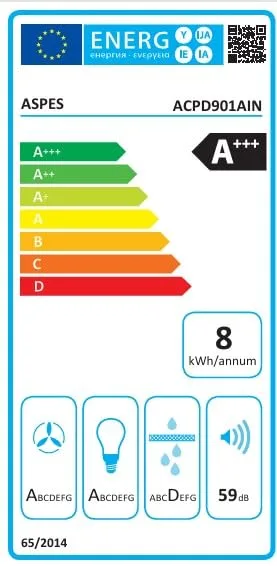 Aspes ▫️ Exaustor Decorativo Inclinado 90 cm, Vidro Branco, ACPD901AIN. Potência de 370 m³/h, 3 velocidades, 2 filtros, nível de ruído de 59 dB, controlo tátil, lavável na máquina de lavar louça 3