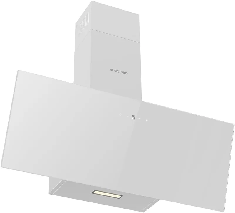 Aspes ▫️ Exaustor Decorativo Inclinado 90 cm, Vidro Branco, ACPD901AIN. Potência de 370 m³/h, 3 velocidades, 2 filtros, nível de ruído de 59 dB, controlo tátil, lavável na máquina de lavar louça