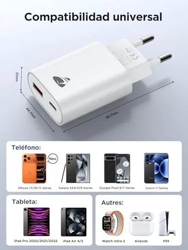 Aioneus ▫️ Conjunto de 2 carregadores USB-C de carregamento rápido de 20 W para iPhone com tomada USB e 2 portas 5