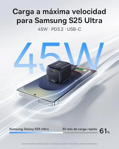Baseus ▫️ Carregador USB-C de 45 W com GAN e cabo de 1 m, adaptador de carregamento rápido PPS PD para Samsung S25 Ultra/S24, iPhone 17/16/15 Pro MAX, iPad, MacBook, Pixel 2