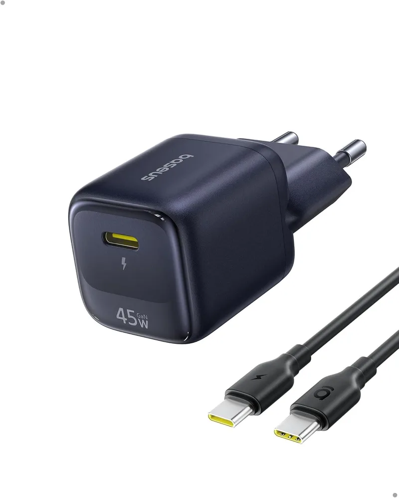 Baseus ▫️ Carregador GAN USB C 45W com Cabo 1m, Adaptador de Carregamento Rápido PPS PD para Samsung S25 Ultra/S24, iPhone 17/16/15 Pro MAX, iPad, MacBook, Pixel