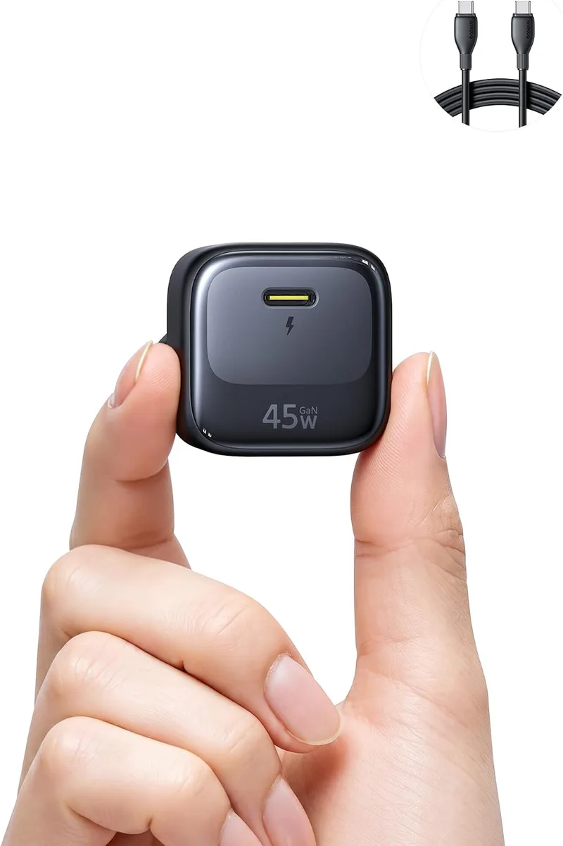 Baseus ▫️ Carregador USB-C de 45 W com GAN e cabo de 1 m, adaptador de carregamento rápido PPS PD para Samsung S25 Ultra/S24, iPhone 17/16/15 Pro MAX, iPad, MacBook, Pixel
