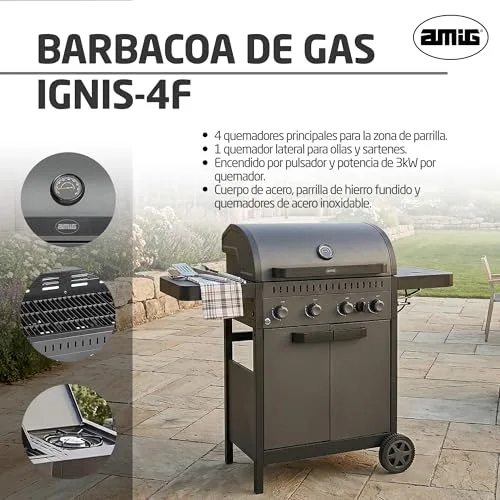 Amig ▫️ Churrasqueira a gás IGNIS 4+1 (4 queimadores + 1 lateral) - 123 x 55 x 110 cm - Superfície de cozedura 60 x 38 cm - Com termómetro, tabuleiros laterais, rodas e grelha em ferro fundido - Preto 2