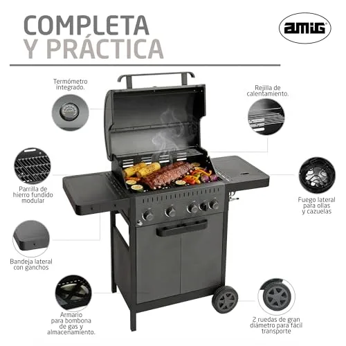 Amig ▫️ Churrasqueira a gás IGNIS 4+1 (4 queimadores + 1 lateral) - 123 x 55 x 110 cm - Superfície de cozedura 60 x 38 cm - Com termómetro, tabuleiros laterais, rodas e grelha em ferro fundido - Preto 3