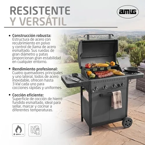 Amig ▫️ Churrasqueira a gás IGNIS 4+1 (4 queimadores + 1 lateral) - 123 x 55 x 110 cm - Superfície de cozedura 60 x 38 cm - Com termómetro, tabuleiros laterais, rodas e grelha em ferro fundido - Preto 4