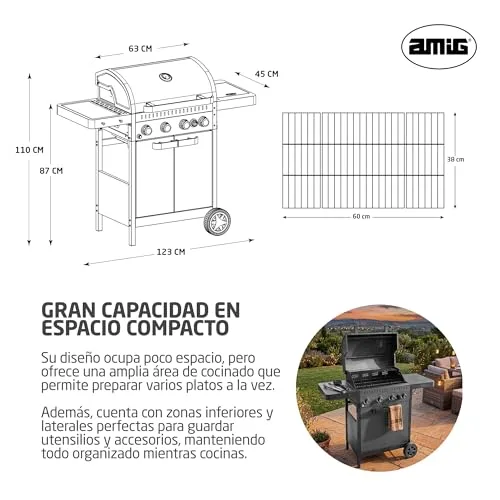 Amig ▫️ Churrasqueira a gás IGNIS 4+1 (4 queimadores + 1 lateral) - 123 x 55 x 110 cm - Superfície de cozedura 60 x 38 cm - Com termómetro, tabuleiros laterais, rodas e grelha em ferro fundido - Preto 6