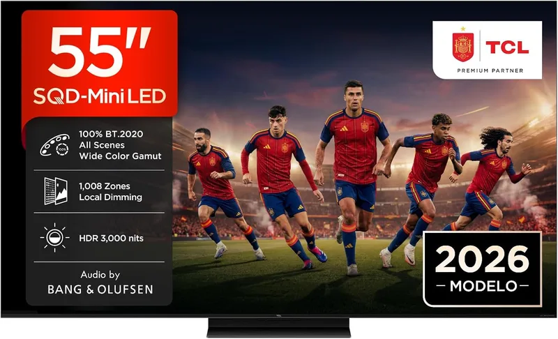 TCL ▫️ 55C8L Televisor de 55 polegadas SQD- Smart TV Mini LED 4K, HDR 3000 nits, 1008 Local Dimming, 144 Hz Motion Clarity Pro, Bang & Olufsen, Dolby Vision IQ e Atmos, Game Master, Google TV, Apple AirPlay 2