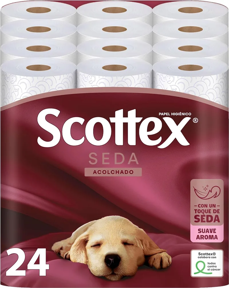 Scottex ▫️ Papel Higiénico - Seda Acolchado, Embalagem de 24 rolos grandes, Papel higiénico de 3 camadas, Textura acolchoada, Fragrância suave