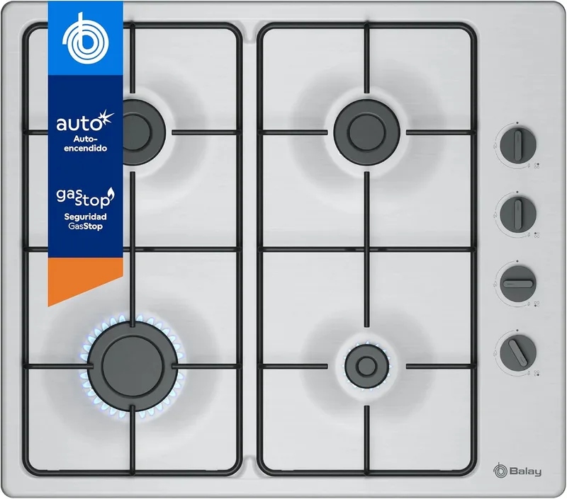 Balay Electrodomésticos ▫️ Balay, Placa a gás, 4 bicos, Acendimento automático, Sistema de segurança GasStop, 3ETX464BB | Esqueça os fósforos e os isqueiros graças ao acendimento automático no painel de controlo.