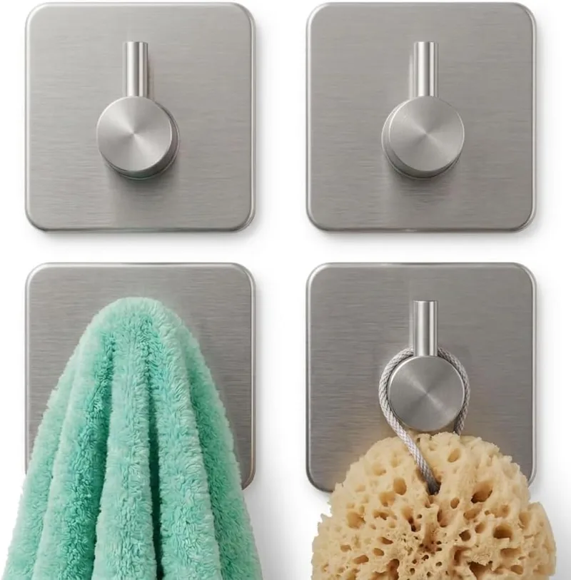 edihome ▫️ Ganchos de Parede Adesivos, Aço Inoxidável, Ganchos Resistentes sem Furar, Design Moderno Quadrado para Casa de Banho Cozinha, Preto Branco Cinzento (4, Prata)