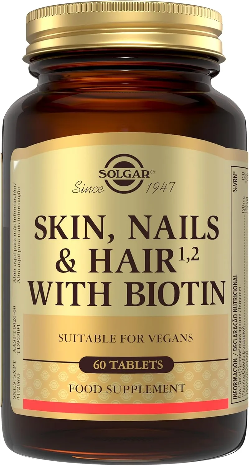 Solgar ▫️ Cabelo, Pele e Unhas com Biotina 60 comprimidos | Cabelo forte, brilhante e com volume, pele firme, unhas resistentes | Cabelo forte, brilhante e com volume, pele firme, unhas resistentes