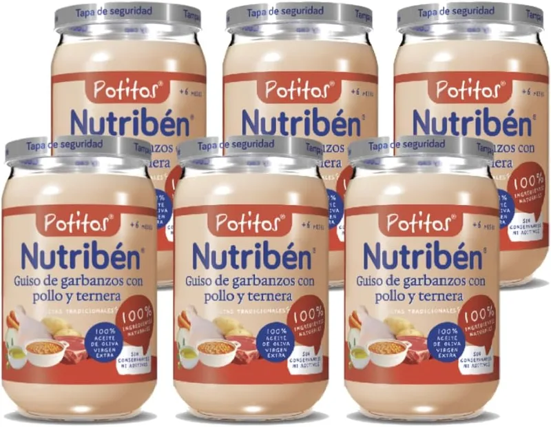 Nutribén ▫️ Guisado de Grão-de-Bico com Potitos de Frango e Carne | Embalagem de 6 x 235 gramas | A partir dos 6 meses | Sem glúten e sem ovo | Sem amido