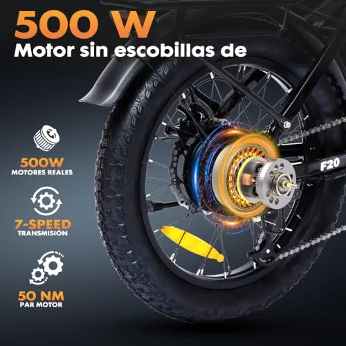 Bodywel ▫️ F20 Bicicletas Elétricas para Adultos, e-Bike Todo-o-terreno 20x3”, Bateria 48 V 15 Ah, Motor 250 W, 7 velocidades, Suspensão ajustável, Travões de disco duplos 2