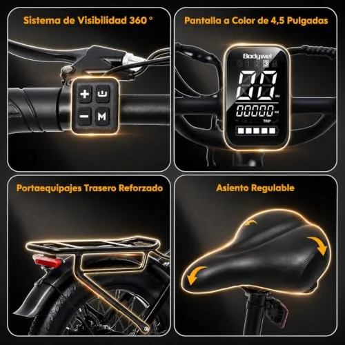 Bodywel ▫️ F20 Bicicletas Elétricas para Adultos, e-Bike Todo-o-terreno 20x3”, Bateria 48 V 15 Ah, Motor 250 W, 7 velocidades, Suspensão ajustável, Travões de disco duplos 4