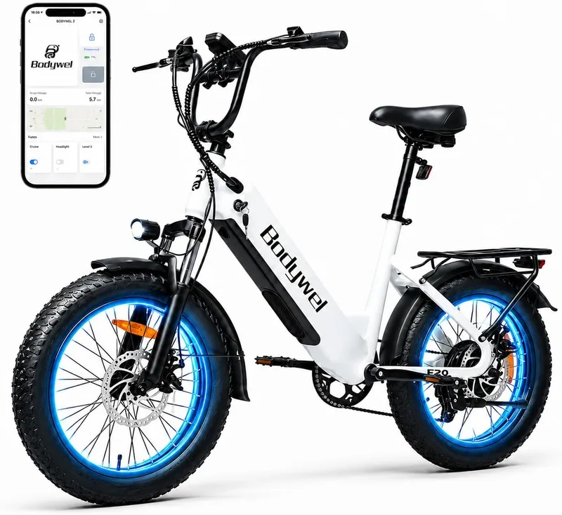 Bodywel ▫️ F20 Bicicletas Elétricas para Adultos, e-Bike Todo-o-terreno 20x3”, Bateria 48 V 15 Ah, Motor 250 W, 7 velocidades, Suspensão ajustável, Travões de disco duplos