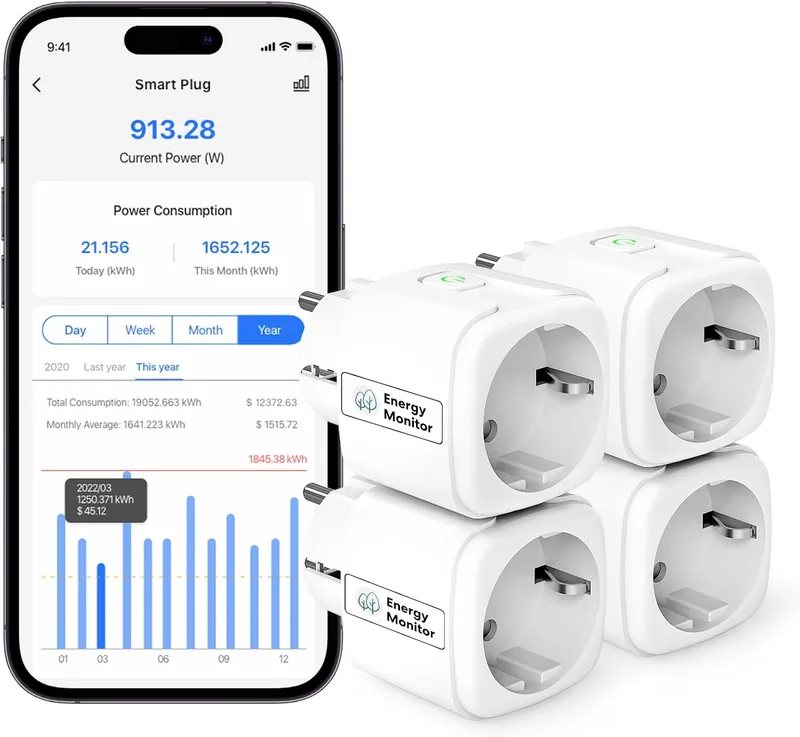 meross ▫️ Tomada Inteligente Wi-Fi com Medição de Consumo e Temporizador, 16 A | Tomada Inteligente Compatível com Alexa e Google Home, Controlo Remoto por Aplicação e Voz, Poupança de Energia, Bluetooth, Conjunto de 4