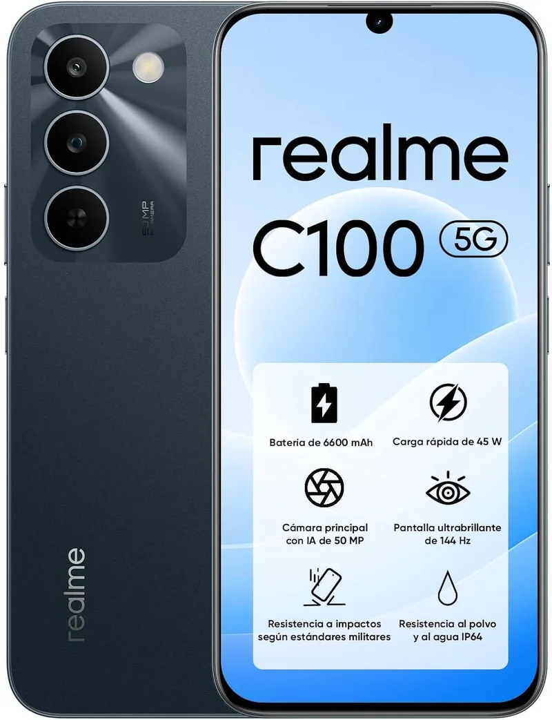 realme ▫️ Smartphone C100 5G com 128 GB de ROM, bateria Titan de 6600 mAh e carregamento rápido de 45 W, Telemóvel com ecrã ultrabrilhante de 144 Hz, Android 16, resistência a impactos de nível militar, carregamento reverso de 6,5 W, IP64