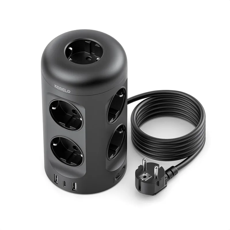KEMELO ▫️ 3M Extensão com USB-C, Extensão Multifunções 12 em 1 (9 tomadas CA e 3 USB), 3680 W/16 A, extensão com proteção contra sobretensão, extensão vertical com interruptor para secretária, escritório, casa, preta