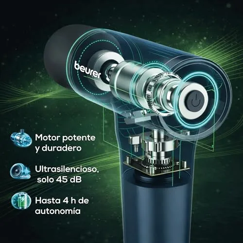 Beurer ▫️ Pistola de massagem PowerReload, massagem de pontos-gatilho para relaxamento e regeneração, potente aparelho de massagem muscular com 5 cabeças, 5 níveis de intensidade, extremamente silenciosa 3