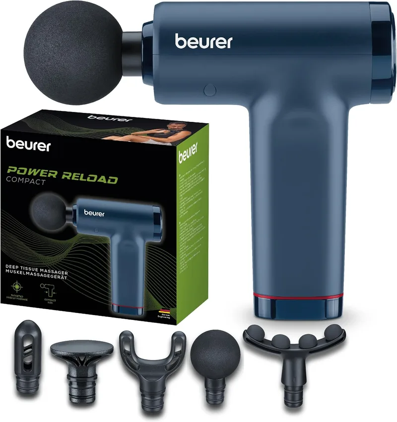 Beurer ▫️ Pistola de massagem PowerReload, massagem de pontos-gatilho para relaxamento e regeneração, potente aparelho de massagem muscular com 5 cabeças, 5 níveis de intensidade, extremamente silenciosa
