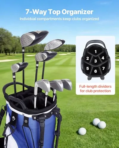 VEVOR ▫️ Saco de tacos de golfe VEOVR com 7 compartimentos, 6 bolsos de arrumação, saco de golfe em poliéster, com divisória ao longo de todo o comprimento, alças para os ombros, suporte e capa de chuva 2