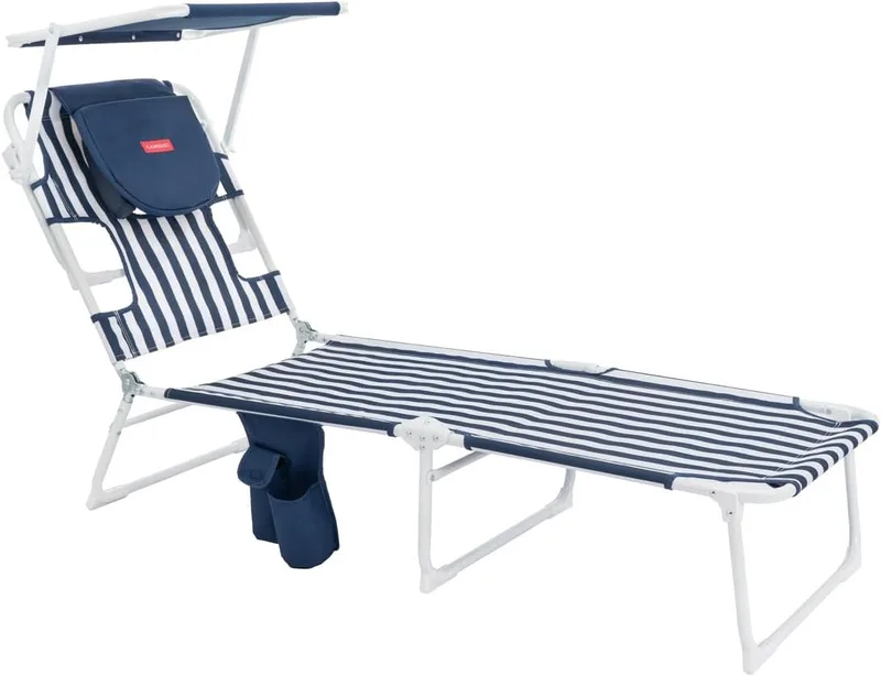 Flamingueo ▫️ Espreguiçadeira dobrável - 5 posições - Guarda-sol ajustável com proteção UPF 50+ - Orifícios para a cabeça e os braços - Almofada ergonómica - Alumínio e poliéster