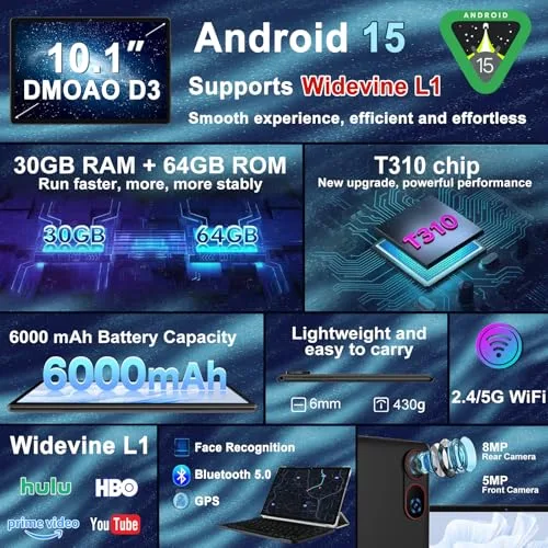 DMOAO ▫️ Tablet de 10 polegadas com Android 15, 30 GB de RAM + 2 TB de ROM expansível, Widevine L1 2