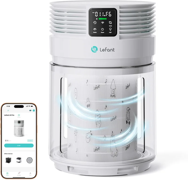 Lefant ▫️ A1 Pro Purificador de ar com filtro HEPA, CADR 350 m³/h, sensor de PM2,5 | Silencioso (28 dB), para 40 m², rotação de 360°, elimina 99,97% do pólen, poeira e odores de animais de estimação, modo «Sleep» e temporizador