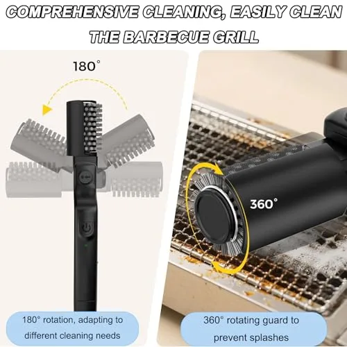 CMANLNYK ▫️ Escova elétrica para churrasqueira – Escova elétrica sem fios para churrasqueira, limpeza em 3 níveis, ângulo ajustável de 180°, cabeça da escova em aço inoxidável, recarregável, escova de limpeza 2