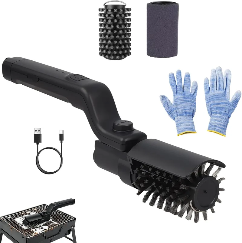 CMANLNYK ▫️ Escova elétrica para churrasqueira – Escova elétrica sem fios para churrasqueira, limpeza em 3 níveis, ângulo ajustável de 180°, cabeça da escova em aço inoxidável, recarregável, escova de limpeza